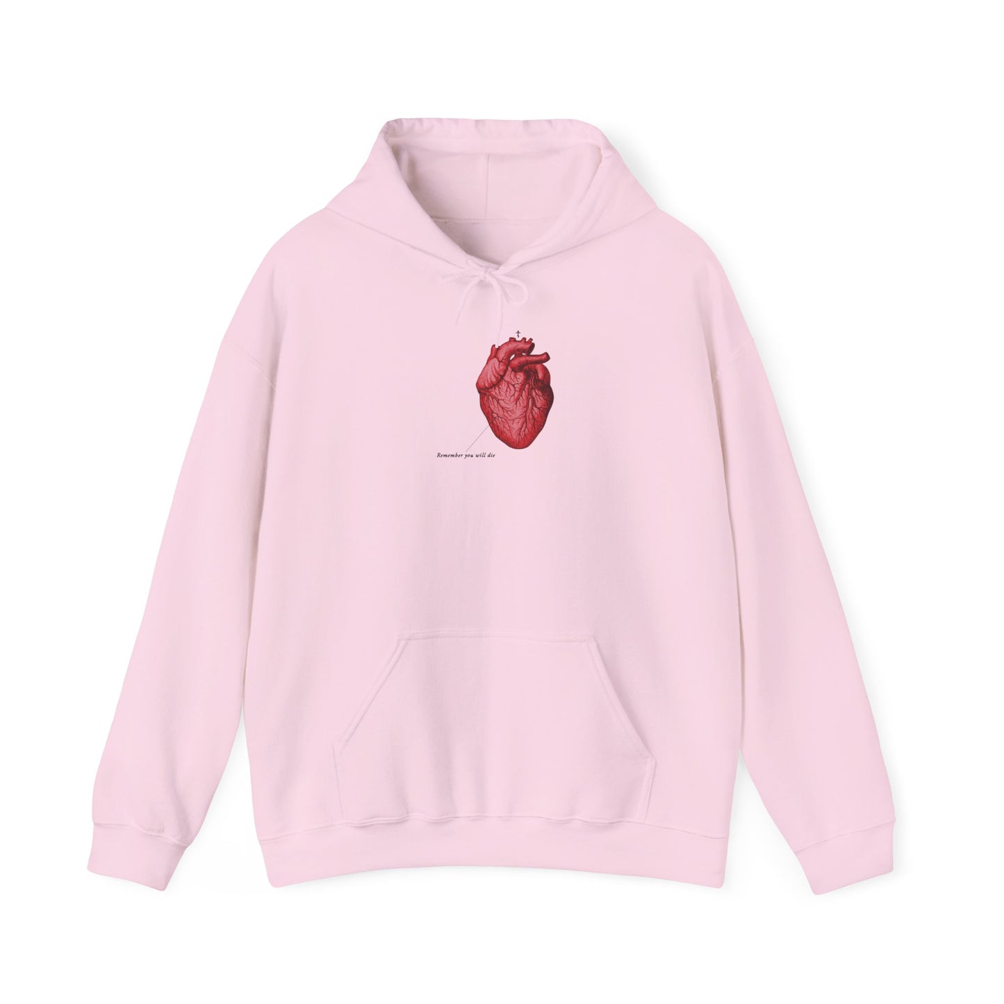 Light pink "Remember You Will Die" hoodie adorned with a bold red retro medical textbook heart and subtle text beneath, featuring an Orthodox cross—a meaningful design inspired by the themes of memento mori, spiritual healing, and the Lord's mercy.