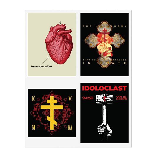 Bestseller Mix No. 2 Four Orthodox Stickers: skull, cross, heart, and hammer themed designs.
