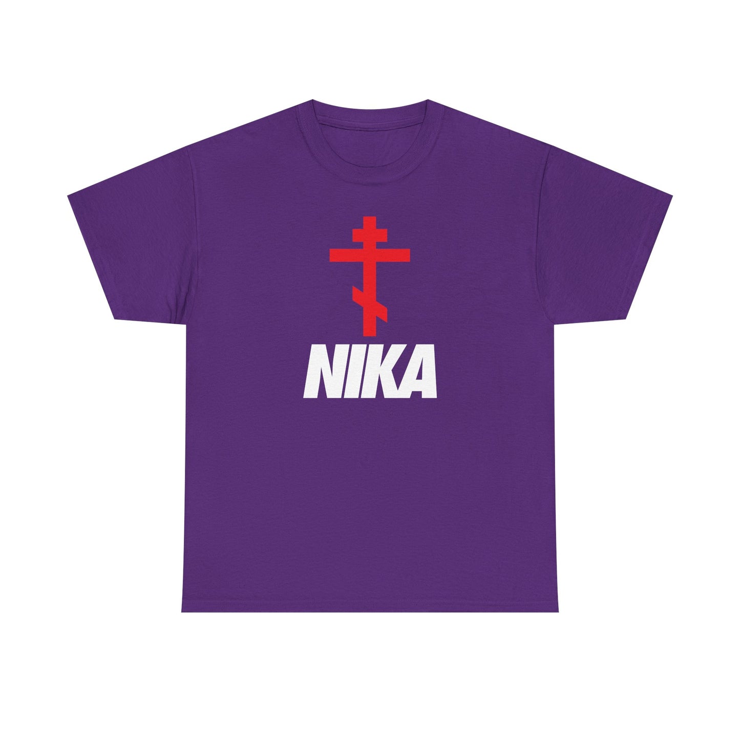 Purple heavy cotton T-shirt featuring a minimalist Orthodox cross and bold “NIKA” text, designed as an athletic ascetic NIKE logo mashup—perfect for Christian style.