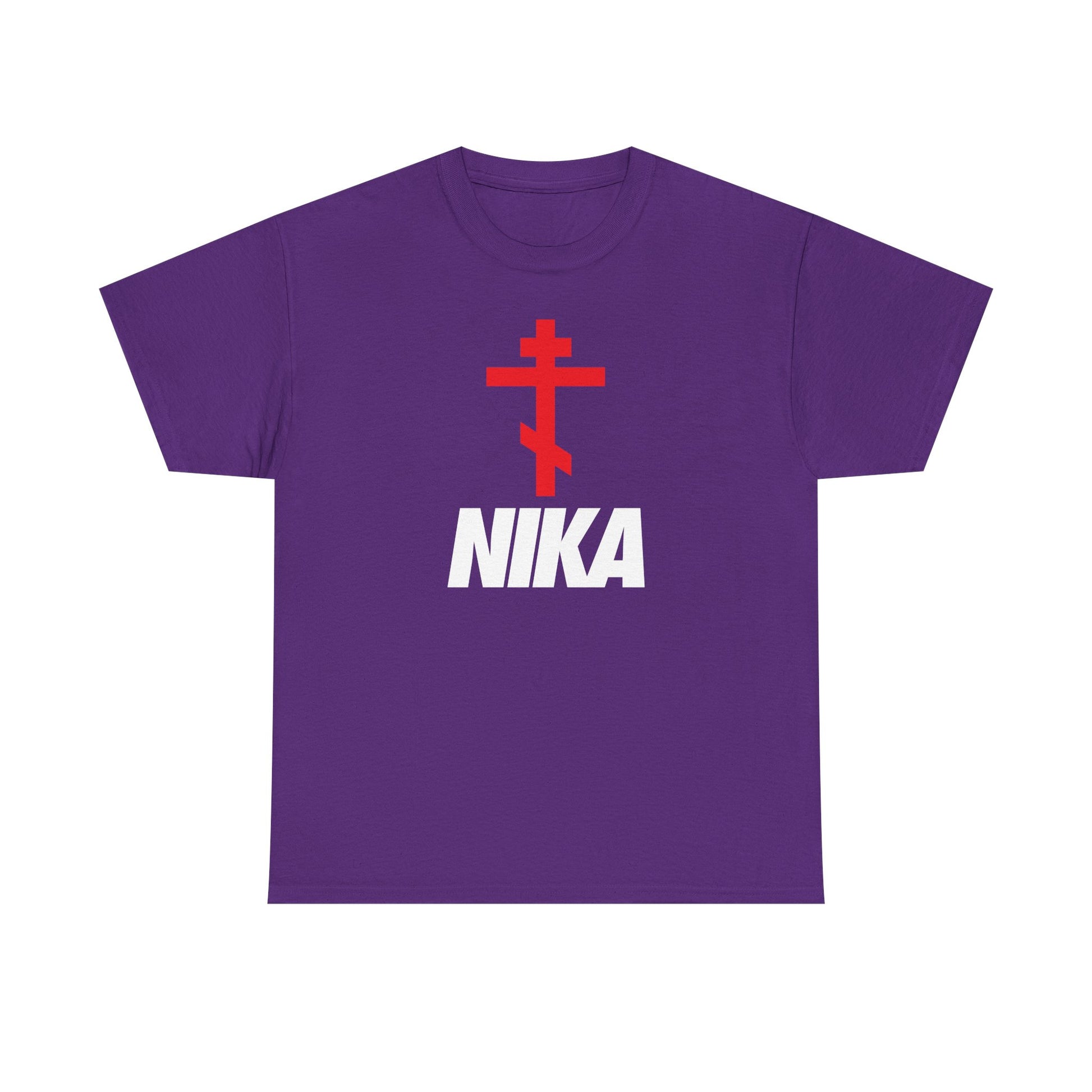 Purple heavy cotton T-shirt featuring a minimalist Orthodox cross and bold “NIKA” text, designed as an athletic ascetic NIKE logo mashup—perfect for Christian style.