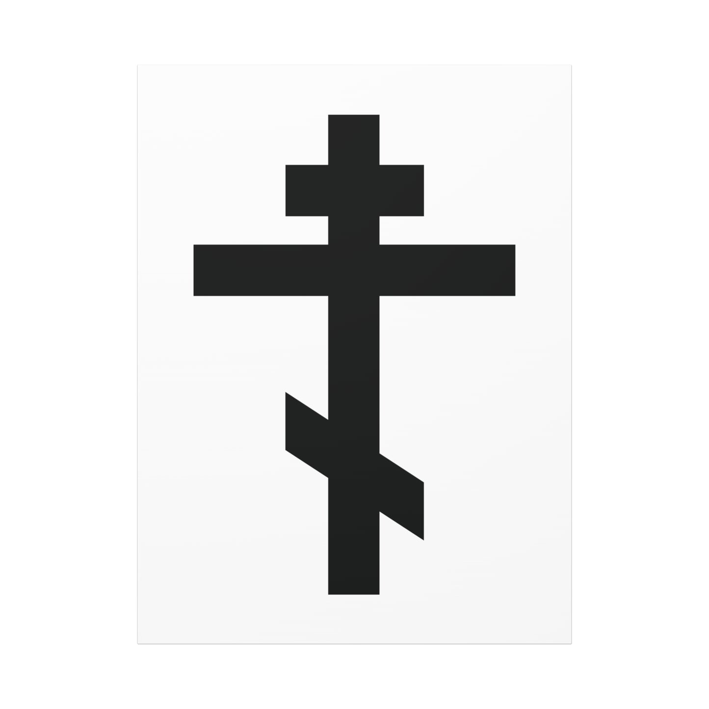 The Black Orthodox Cross White Background canvas art features a striking cross and Galatians 6:14: “May I never boast, except in the cross of our Lord Jesus Christ”—a rich symbol of faith for Orthodox Christians.