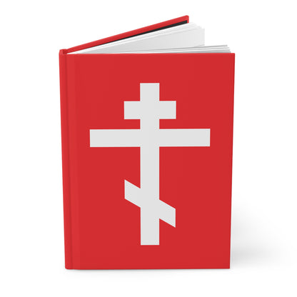 The "White Orthodox Cross Red Background" Hardcover Journal features a white cross on a red cover, inspired by Galatians 6:14: "May I never boast, except in the cross of our Lord Jesus Christ.