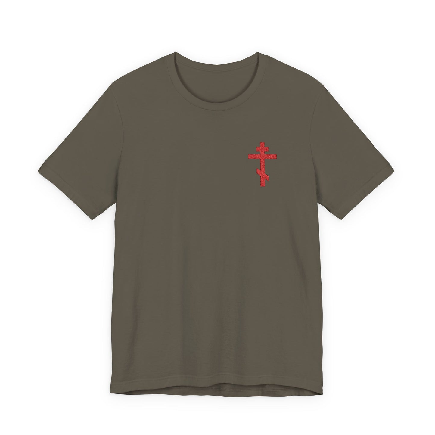 Army-colored unisex cotton t-shirt featuring a small red embroidered Orthodox cross on the left chest, inspired by Galatians 6:14: “May I never boast except in the cross.”.