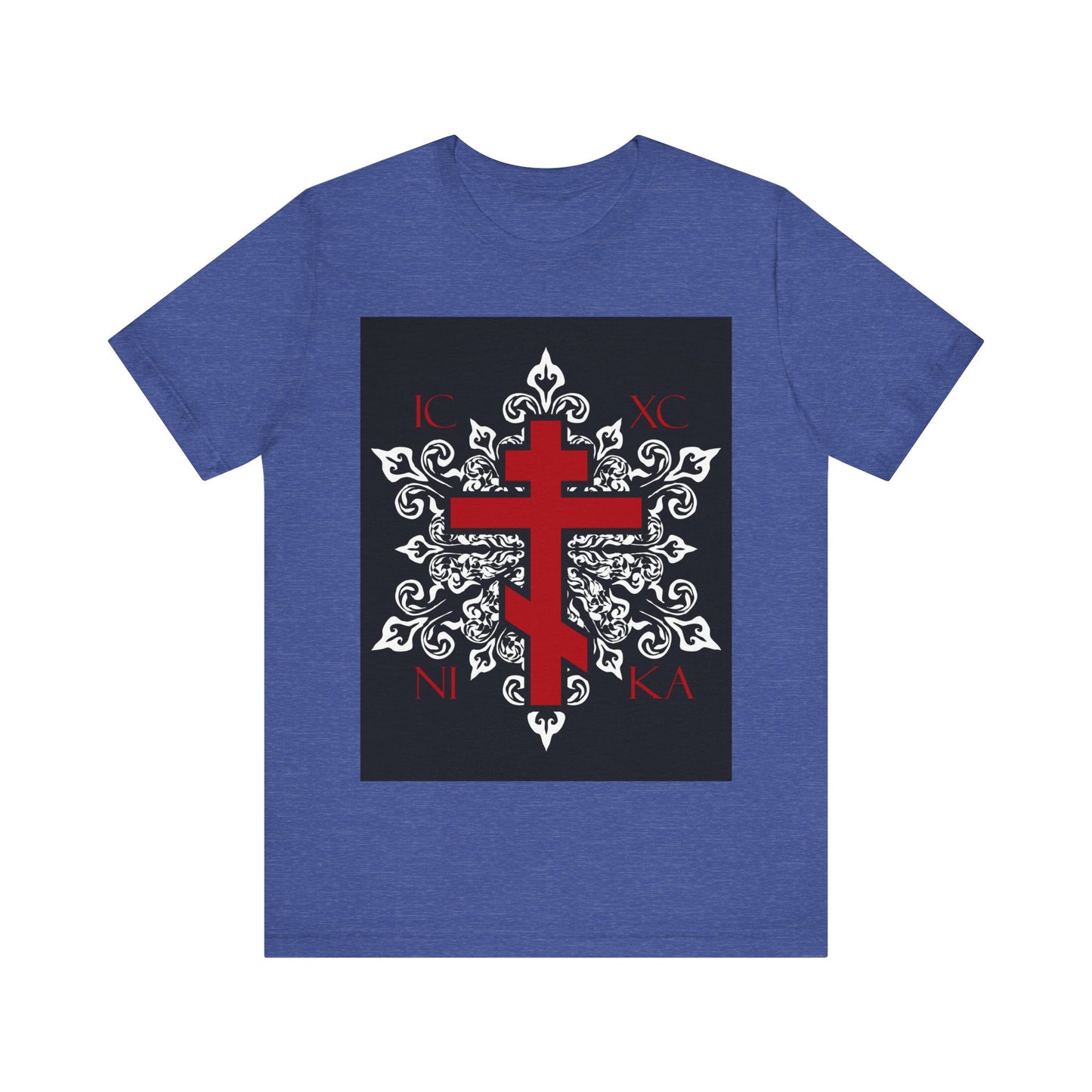 ICXC / NIKA Red Orthodox Cross on Ornate White Medieval Floral Design | Best-Selling Orthodox Christian Cotton Unisex Tee