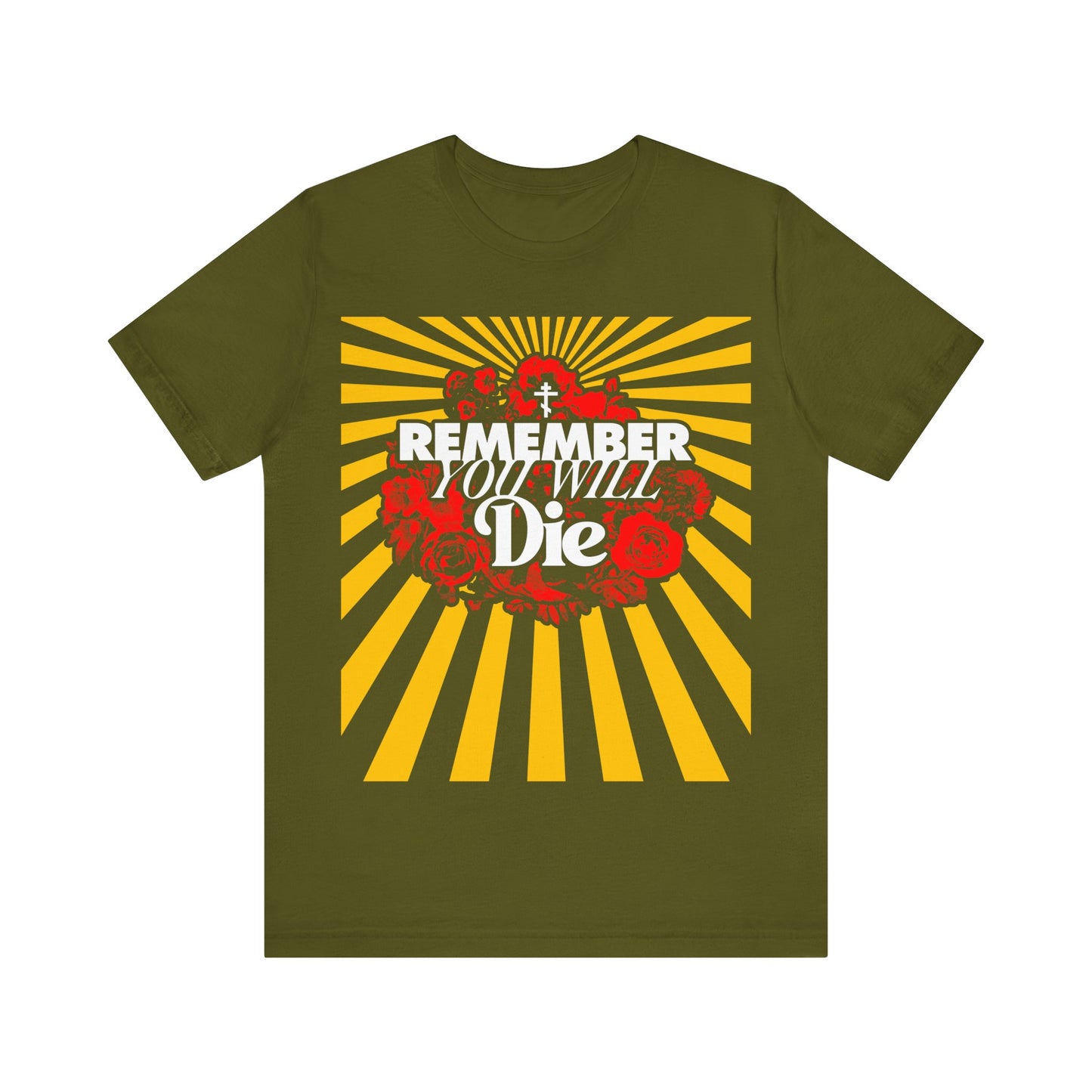 Remember You Will Die Red & Yellow Pop Art Design | Orthodox Cross | Memento Mori | Roses & Rays | Christian Lightweight Cotton Unisex Tee