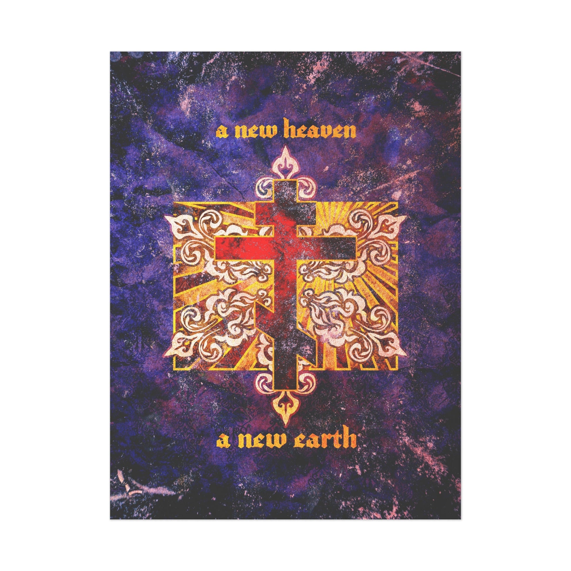 A red Orthodox cross on a textured, ornate background with "A New Heaven/A New Earth," inspired by KJV Bible verses. Apocalyptic Orthodox Christian art poster.