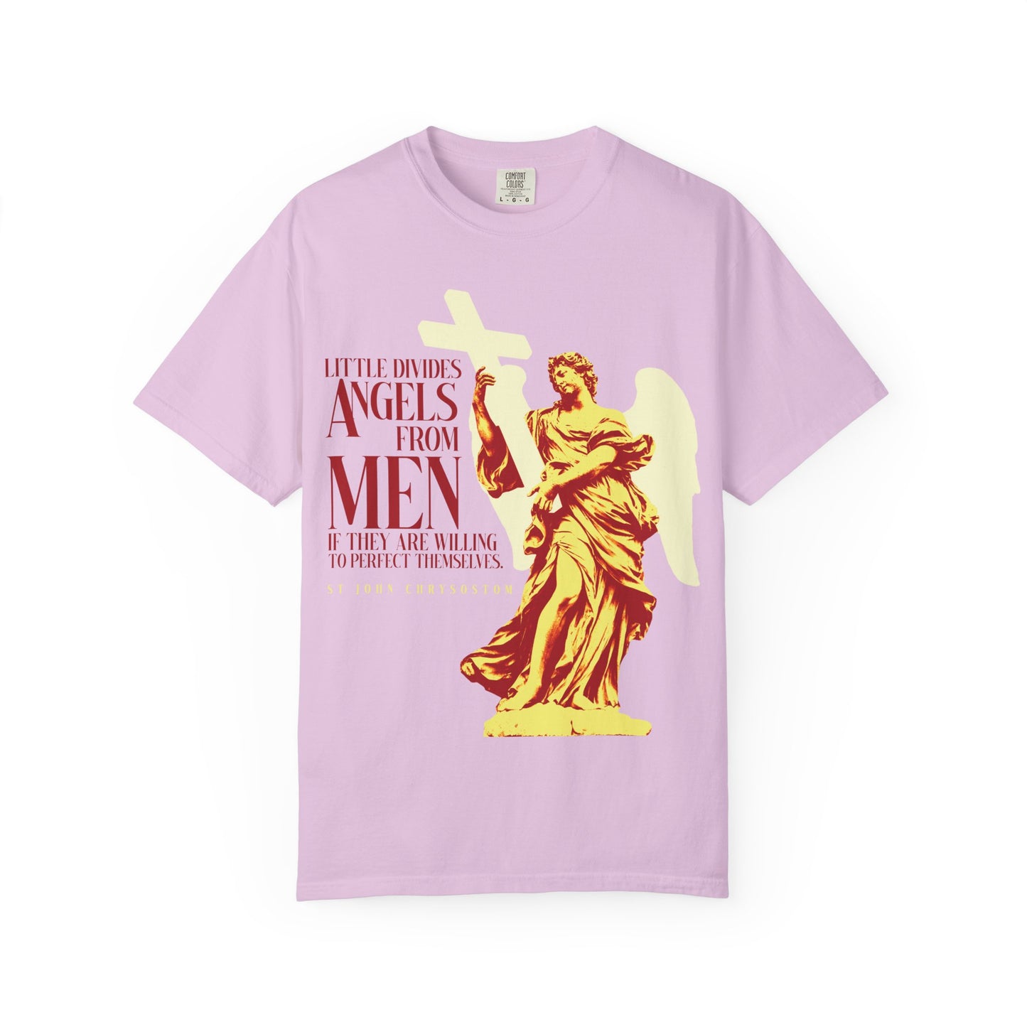 Orchid-colored heavyweight cotton unisex tee featuring a yellow statue of an angel and red text: “Little divides angels from men if they are willing to perfect themselves”—a subtle reflection on human nature, inspired by St. John Chrysostom.