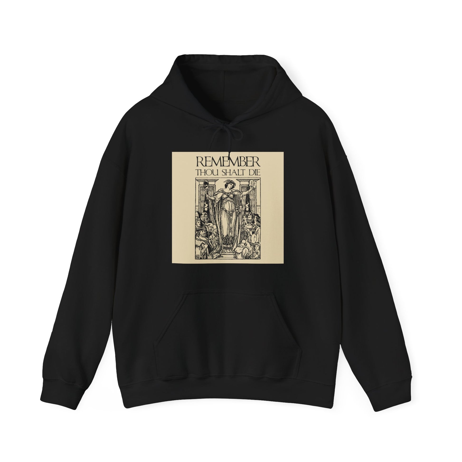 Black "Remember You Will Die" Orthodox Christian hoodie featuring a Shakespearean woodcut design and Memento Mori theme, in classic black.