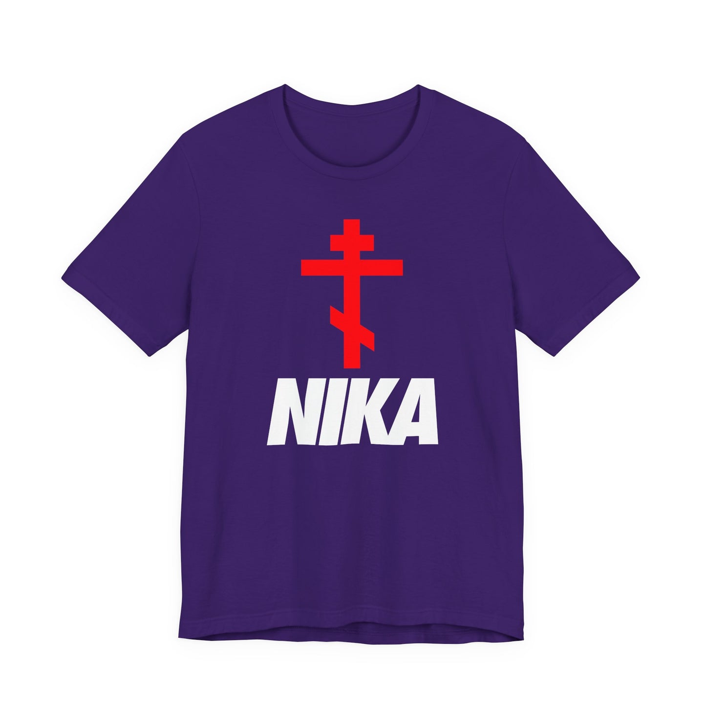Team Purple athletic ascetic t-shirt with minimalist Orthodox cross and NIKE logo mashup, featuring bold white "NIKA" text—Christian-inspired design: Jesus Christ conquers.