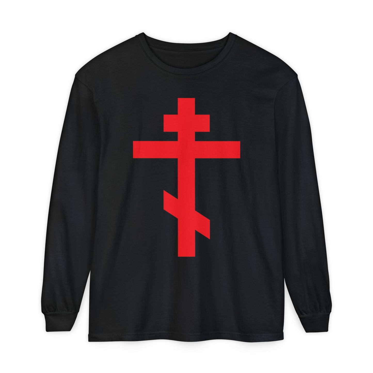 Black long-sleeve cotton shirt featuring the bright red Orthodox cross with "Preserve Thy People By Thy Cross, O Lord" design, inspired by St. John of Kronstadt and the Troparion of the Cross. Product: Crucified With Christ | Christ is King.