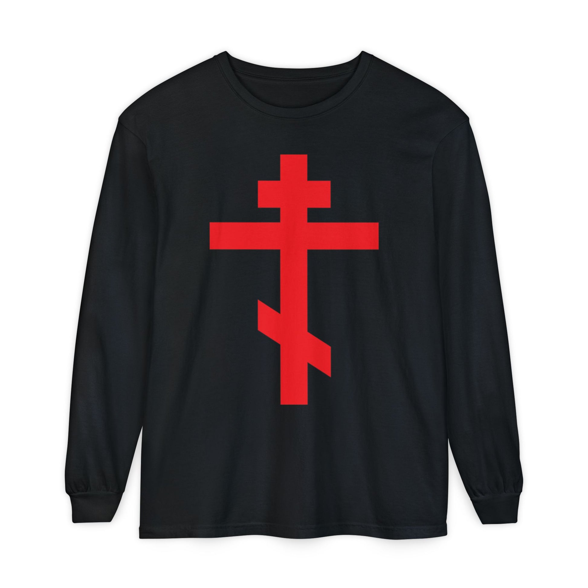 Black long-sleeve cotton shirt featuring the bright red Orthodox cross with "Preserve Thy People By Thy Cross, O Lord" design, inspired by St. John of Kronstadt and the Troparion of the Cross. Product: Crucified With Christ | Christ is King.