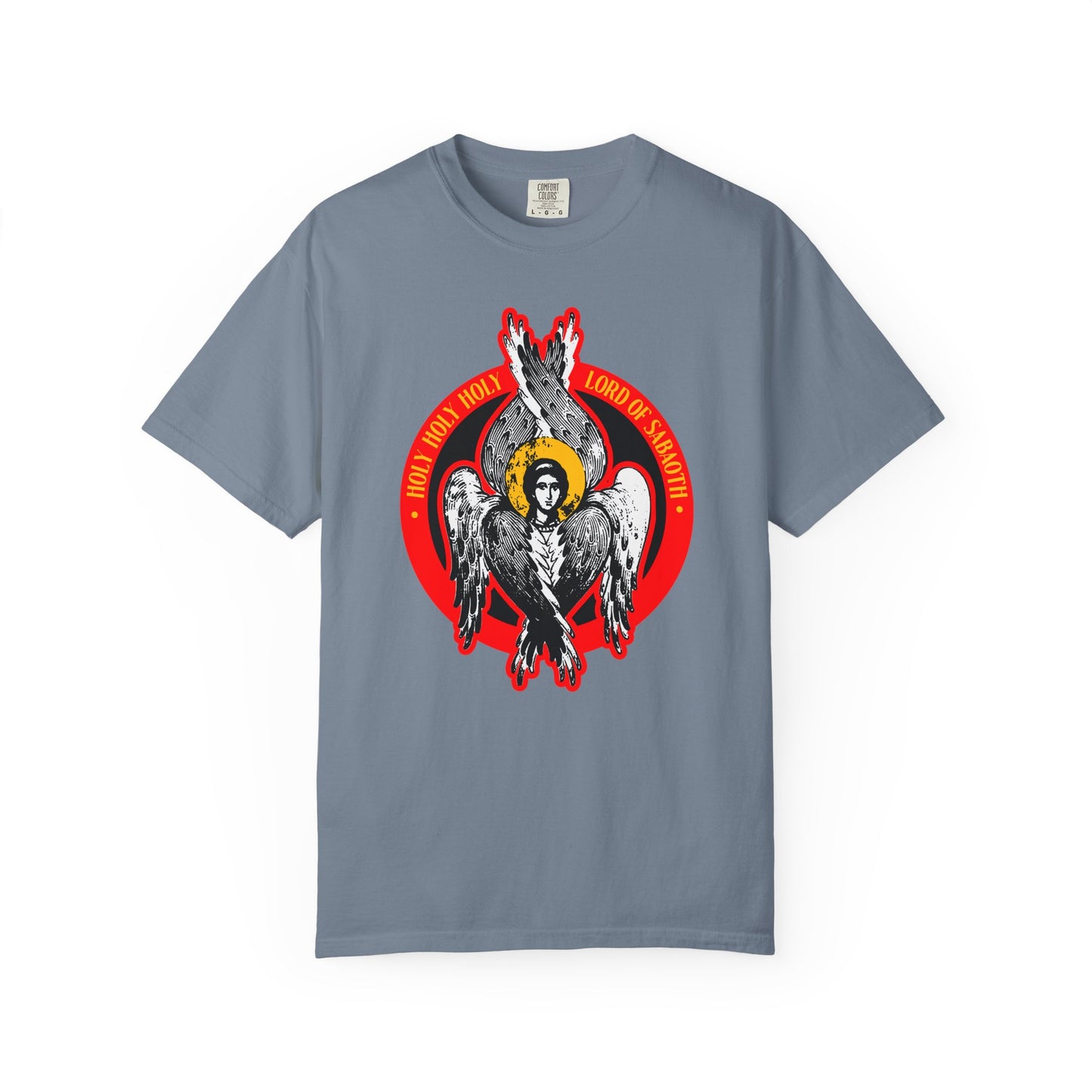 Blue Jean heavyweight cotton unisex tee featuring a stylized seraphim with six wings and halo set against a red circle, inspired by Isaiah 6. “Holy Holy Holy, Lord of Sabaoth | Lord of Hosts | Unseen Realm” iconographic design.