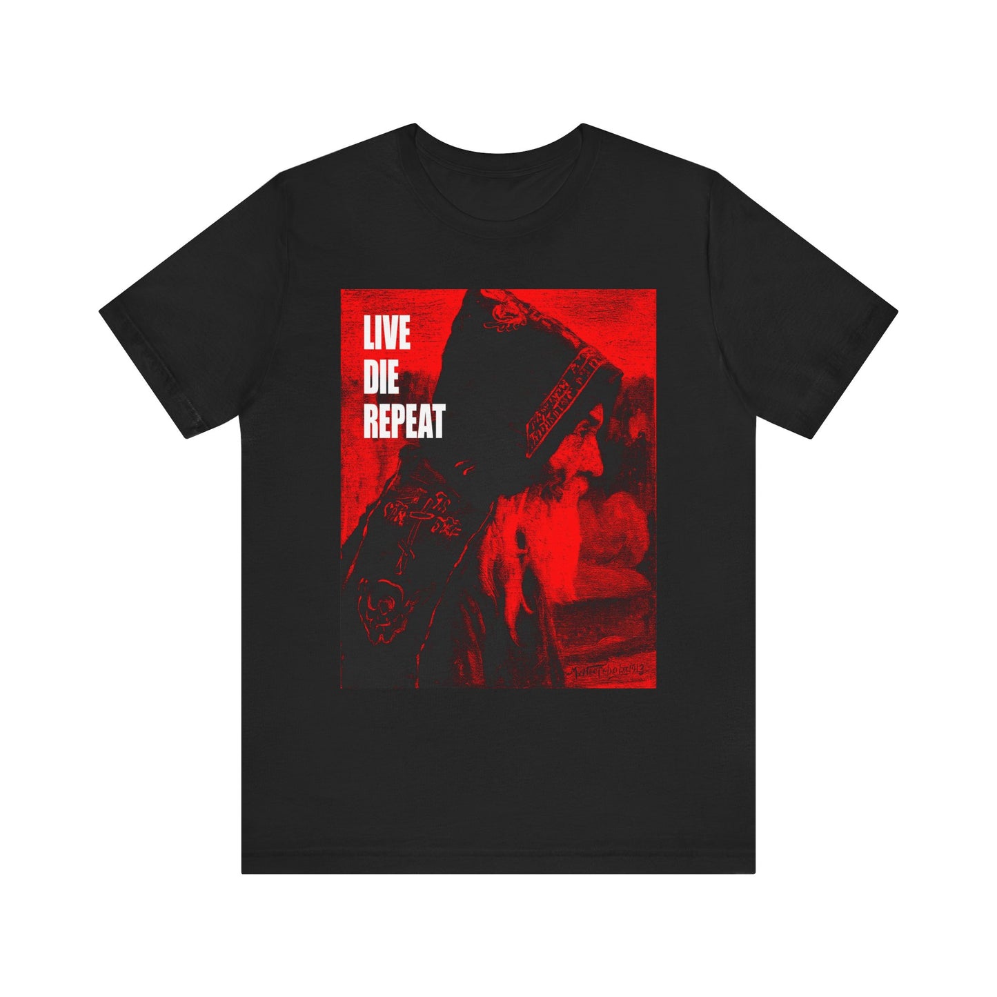 Black "Live Die Repeat | Orthodox Monk Art by Mikhail Nesterov" tee featuring a white inspirational quote, red accents, and a dark abstract image—"Die Every Day, You Will Live Forever." Lightweight cotton unisex shirt.