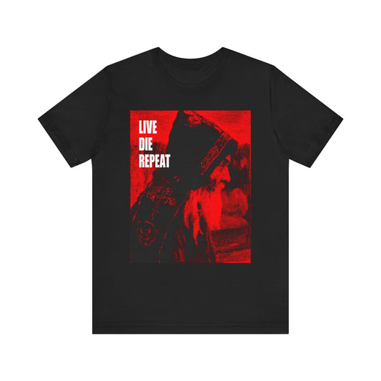 Black "Live Die Repeat | Orthodox Monk Art by Mikhail Nesterov" tee featuring a white inspirational quote, red accents, and a dark abstract image—"Die Every Day, You Will Live Forever." Lightweight cotton unisex shirt.