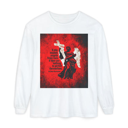 Little Divides Angels from Men | Christian Perfection | St John Chrysostom | Textured Cemetery Angel | Orthodox Christian Long Sleeve Shirt