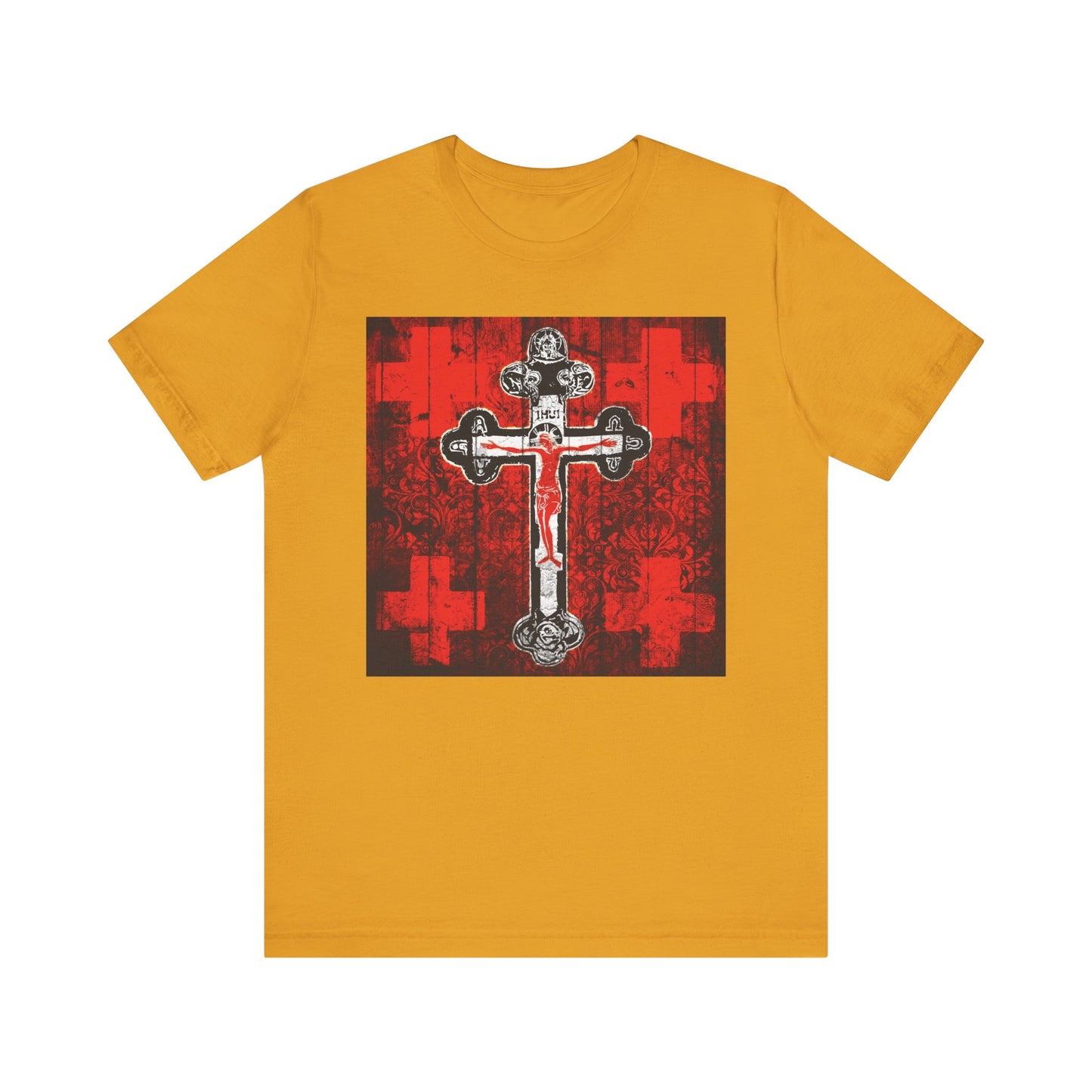 The Alpha & Omega Art Cross Christian Unisex Tee in mustard features a red, white, and black Orthodox crucifix icon of Jesus Christ at the center, inspired by Great Lent Vespers. Made from lightweight cotton.