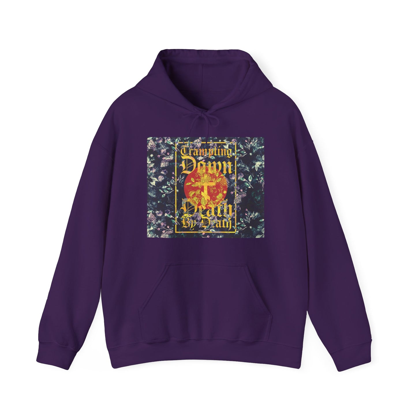 Trampling Down Death By Death | Paschal Floral Design with Gothic Script and Three-Bar Cross | Orthodox Christian Hoodie