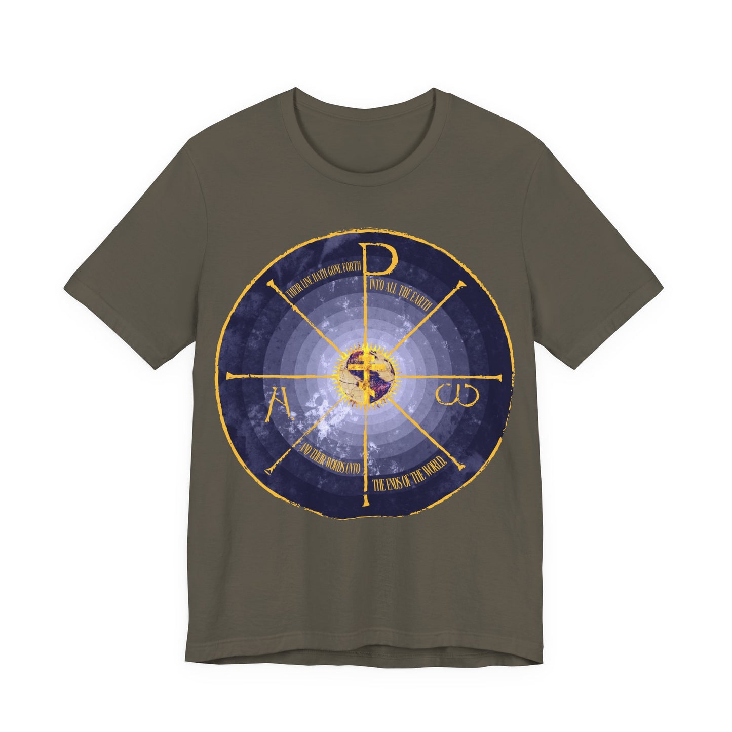 Geocentric Cross & Chi Rho | Alpha & Omega | Blue and Yellow Design | Medieval Style Graphic | Orthodox Christian Cotton T-Shirt