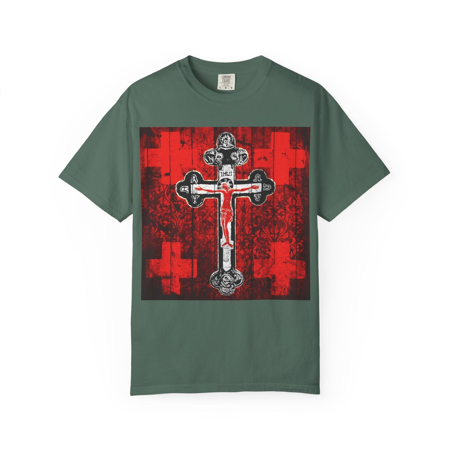 Blue Spruce “Alpha & Omega Art Cross” tee featuring a white ornate cross on a red, white, and black iconic background with decorative patterns—this meaningful Christian heavyweight cotton unisex shirt is inspired by the Crucifix and perfect for Great Lent or Vespers.