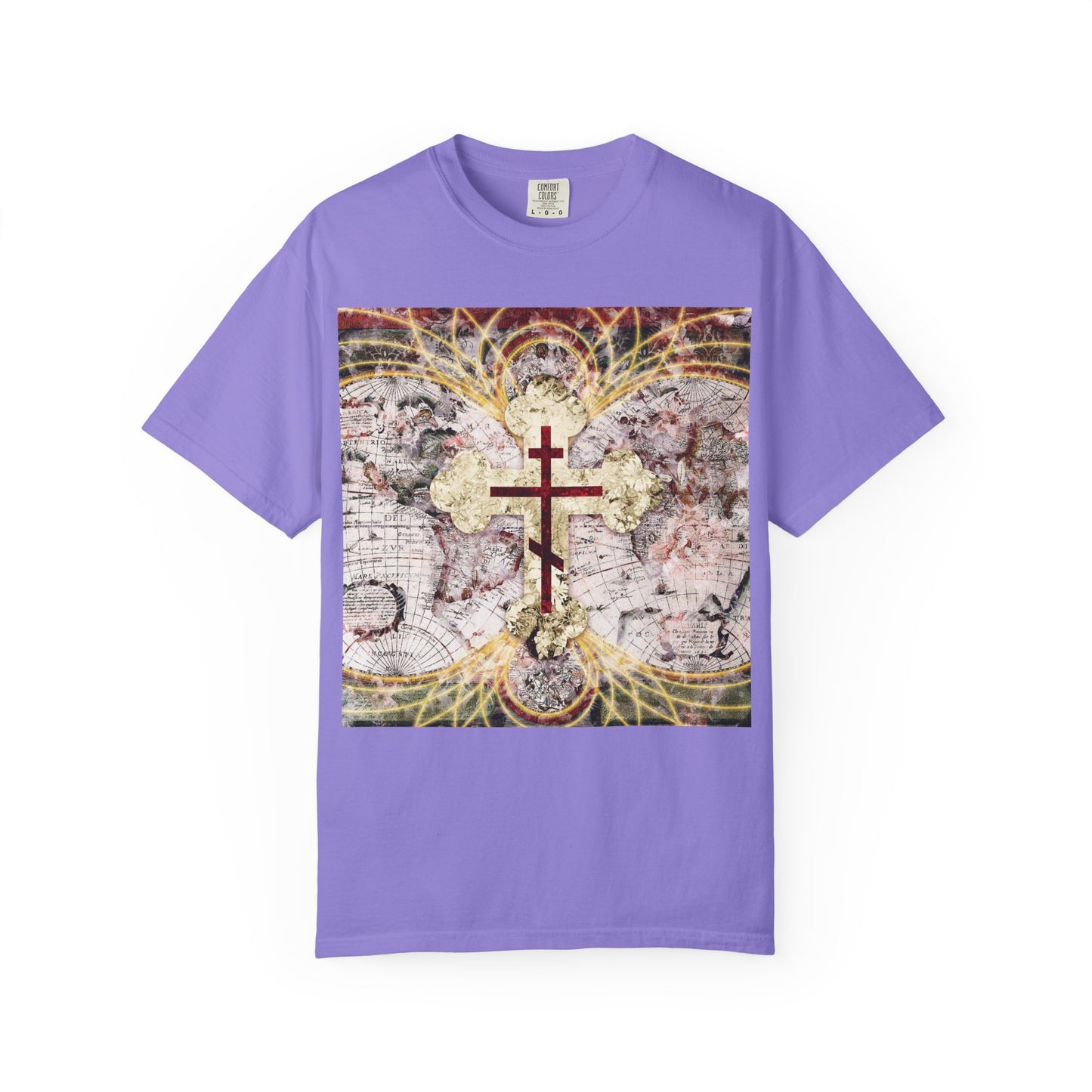 Violet heavyweight cotton unisex tee featuring a red Orthodox cross on an antique map with glowing magnetic lines and intricate gold accents, inspired by the “Conqueror of Death” theme from Revelation 1:18.