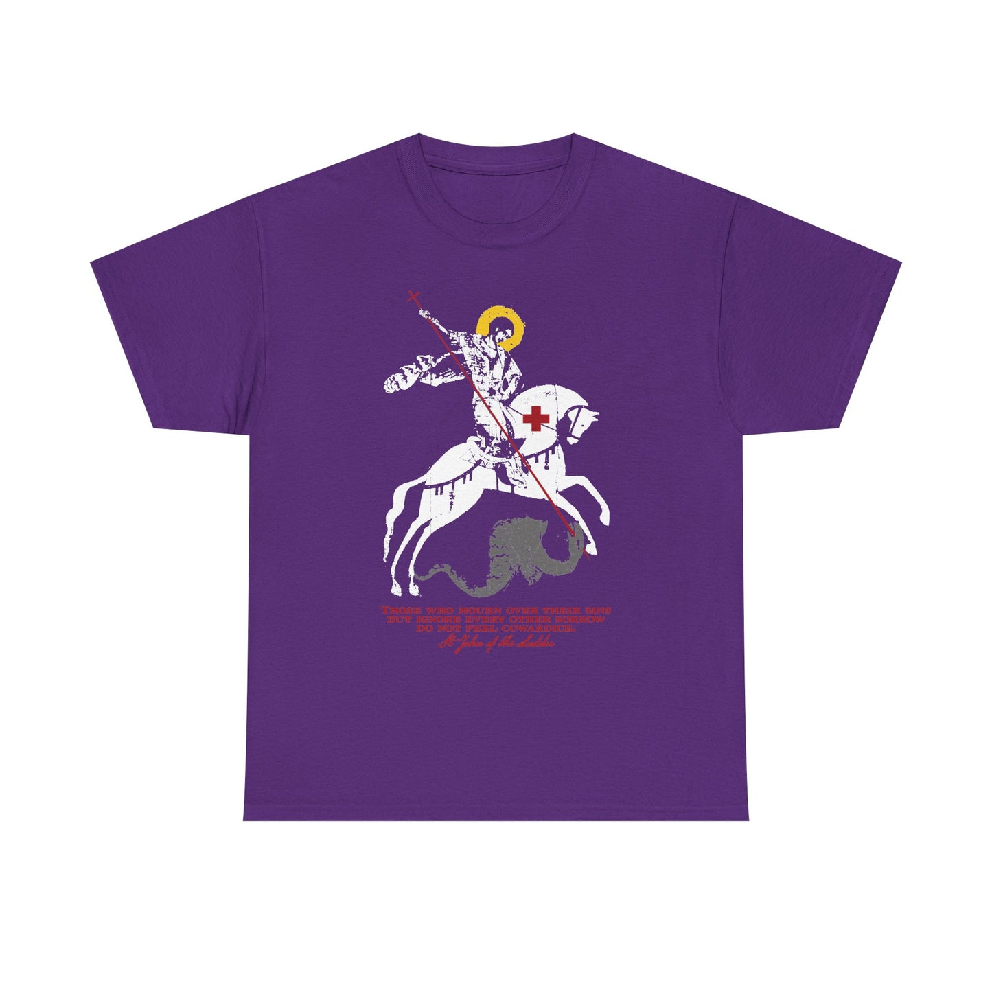This purple “Those Who Mourn Over Their Sins” unisex midweight cotton tee features an iconographic graphic of St George slaying the dragon, inspired by the teachings of St John Climacus—a bold Orthodox Christian reflection on godly mourning.