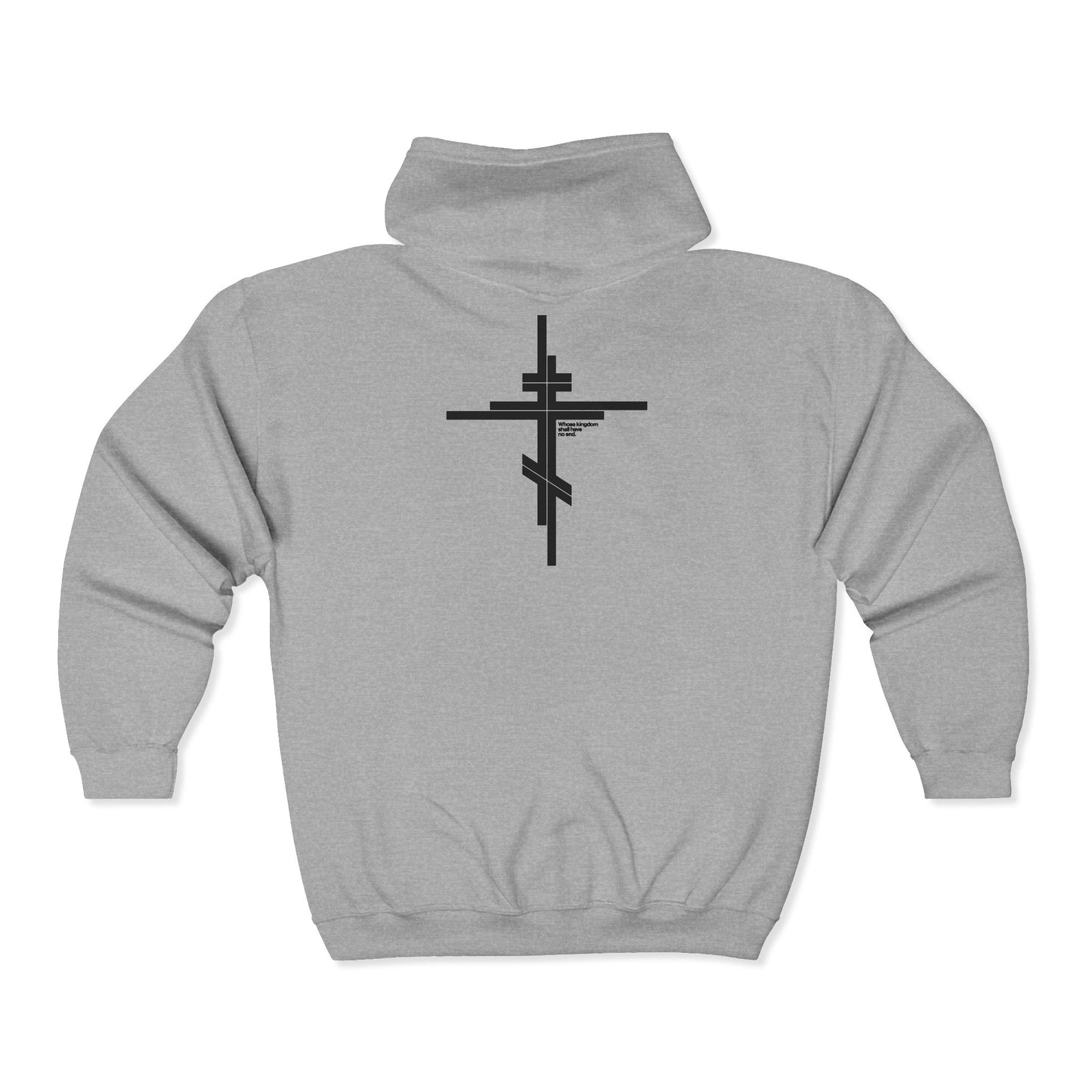 Whose Kingdom Shall Have No End BACK | Luke 1:32-33 | Orthodox Cross | Modernist Minimalist Logo Style | Orthodox Zipper Hoodie