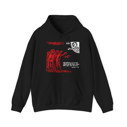 Black "Come Unto Me All Ye That Labour & Are Heavy Laden (Matt. 11:28)" Orthodox hoodie featuring iconographic graphics and text inspiration on the front; black color.