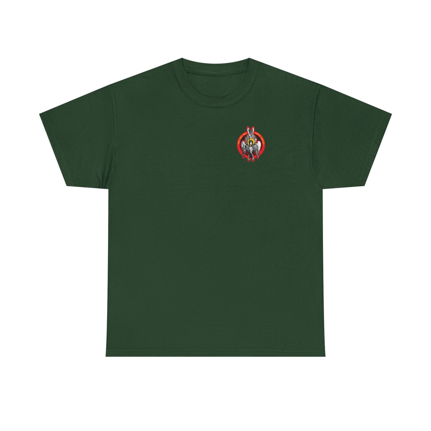 Forest green Holy Holy Holy Seraphim Angel Icono-Graphic T-shirt featuring a small, colorful design inspired by the heavenly hosts and St John of Kronstadt. Midweight cotton, unisex fit.