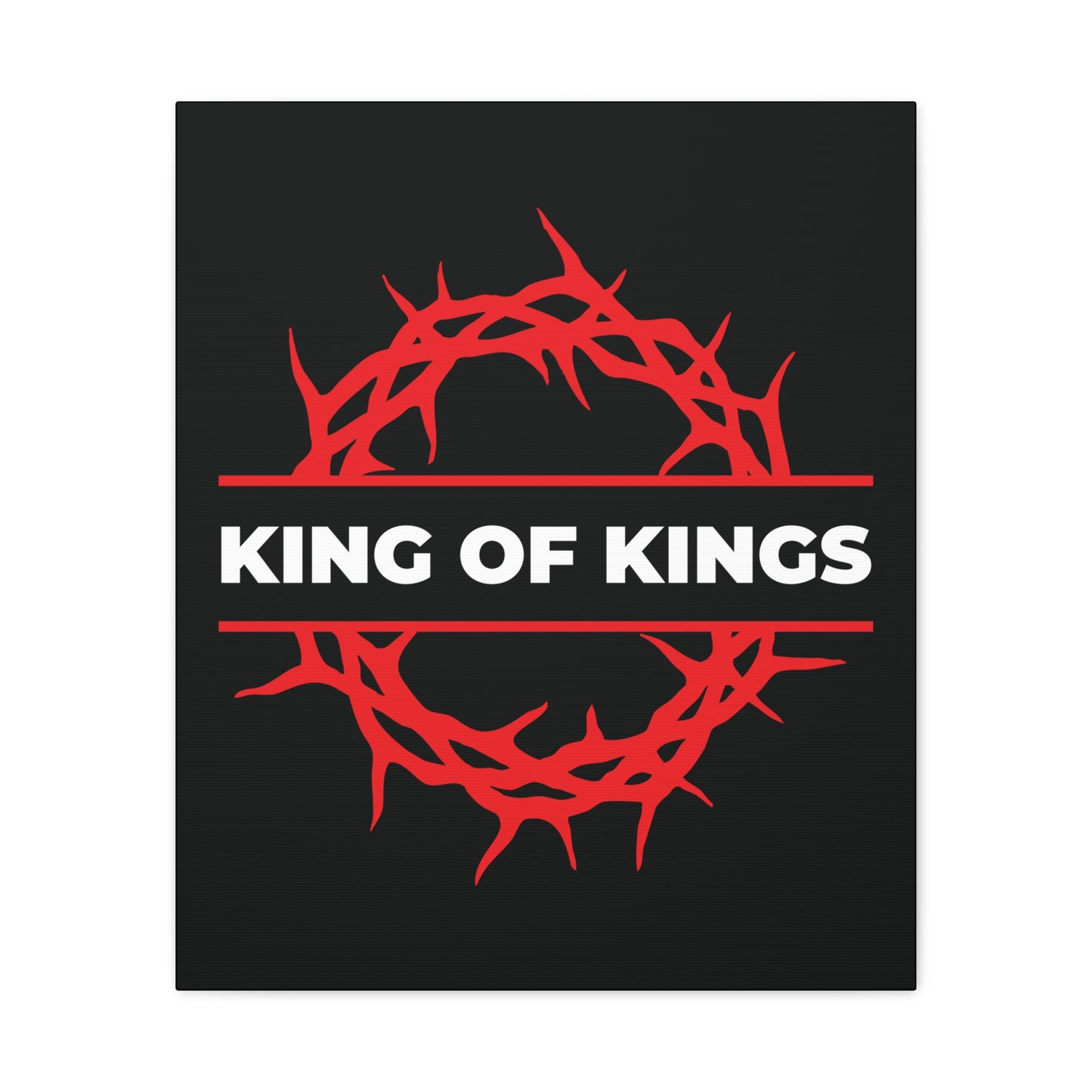 Featuring a bold black background, red crown of thorns, and KING OF KINGS in white, this “King of Kings Crown of Thorns | The King of Glory” canvas art is inspired by Revelation 19:16—Christ is King.