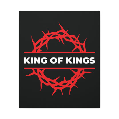 Featuring a bold black background, red crown of thorns, and KING OF KINGS in white, this “King of Kings Crown of Thorns | The King of Glory” canvas art is inspired by Revelation 19:16—Christ is King.