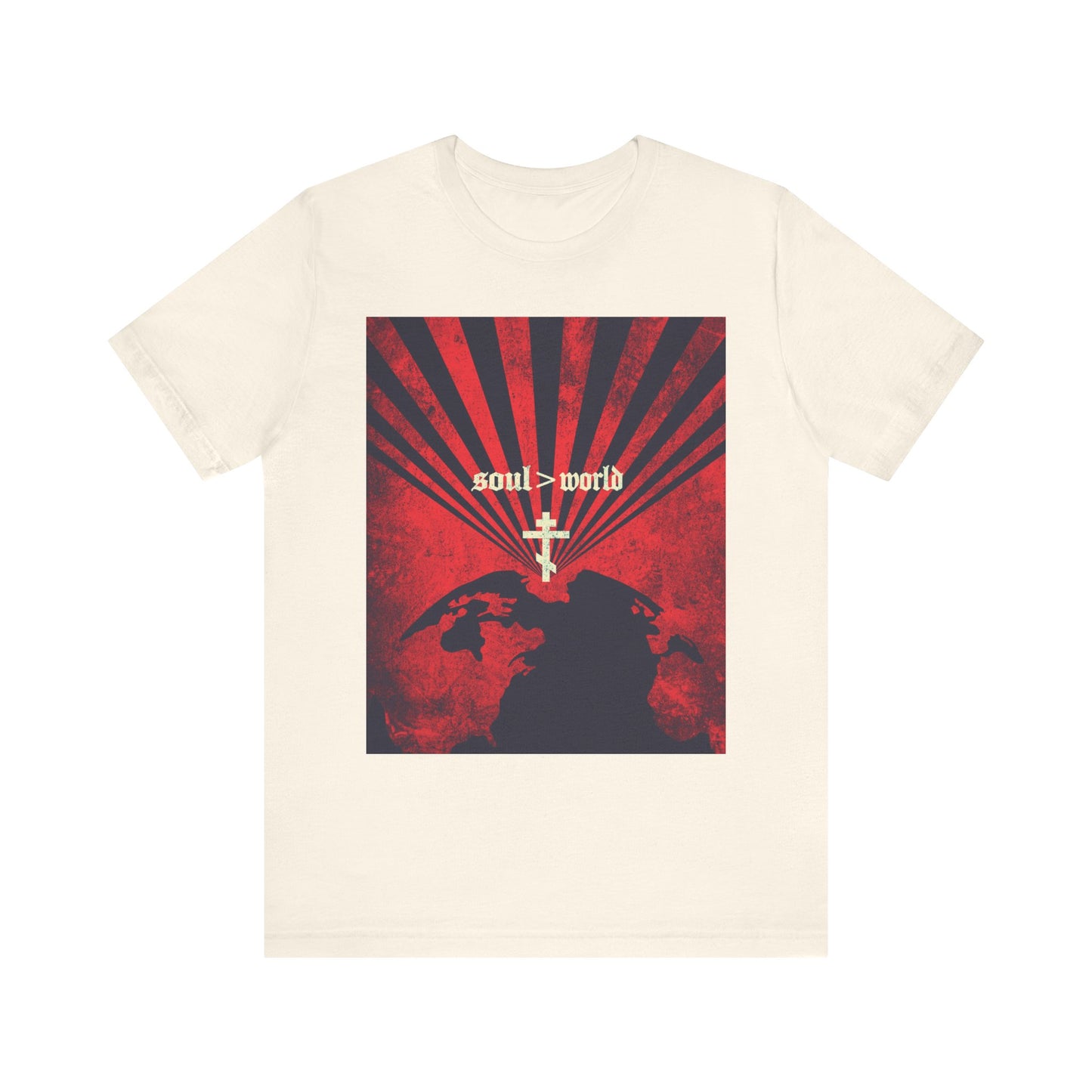 Natural-colored "What Shall it Profit a Man" unisex tee, featuring a striking red earth graphic, bold white cross, and "soul > world" text—an inspiring Matthew 16:26 design that echoes Jesus’ call to value the soul above worldly gains. Lightweight cotton offers comfort as you wear this expressive reminder to follow Him with purpose.