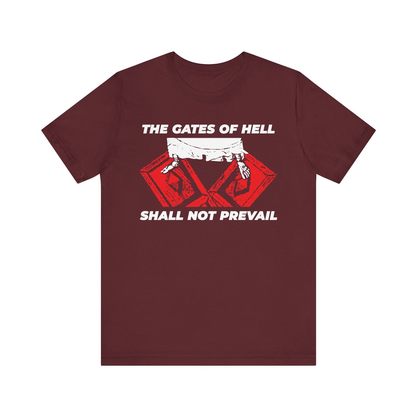 Show your faith with this maroon lightweight cotton unisex t-shirt, featuring "The Gates of Hell Shall Not Prevail" and a vivid Jesus trampling the gates of death iconographic design—a powerful Orthodox Christian tribute to Christ’s victory and the enduring strength of God’s church.