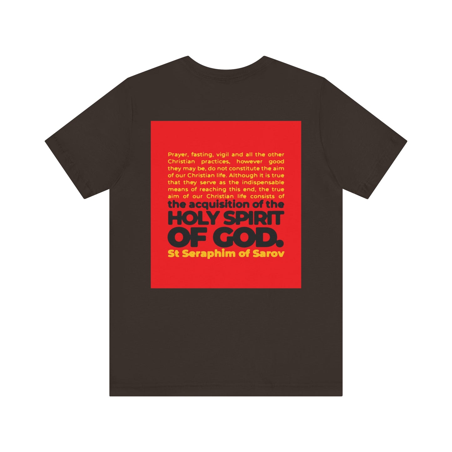 Black cotton unisex tee featuring St. Seraphim of Sarov's quote, "True Aim of Christian Life is Acquisition of the Holy Spirit." Orthodox 2-sided IconoGraphic design—lightweight and inspiring.