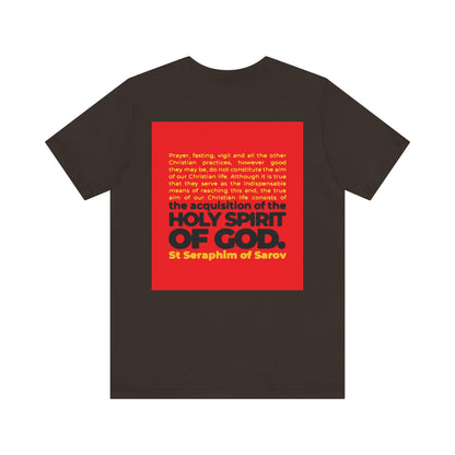 Black cotton unisex tee featuring St. Seraphim of Sarov's quote, "True Aim of Christian Life is Acquisition of the Holy Spirit." Orthodox 2-sided IconoGraphic design—lightweight and inspiring.