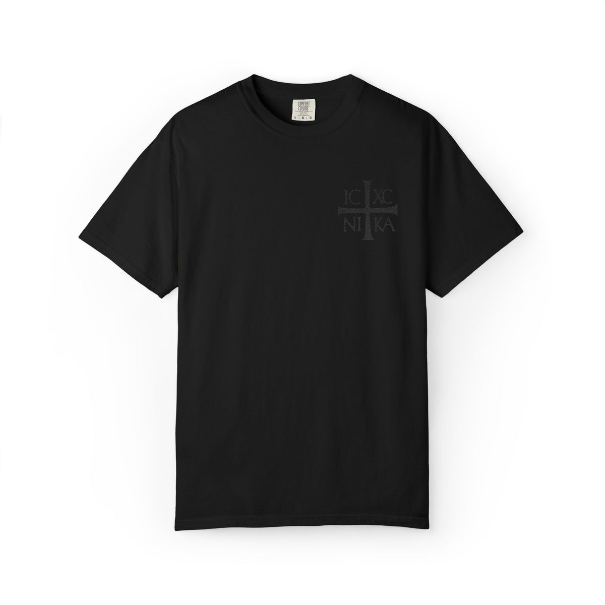 Black On Black Embroidered ICXC NIKA Orthodox Cross | Heavy Cotton Unisex Christian Tee with an embroidered cross.