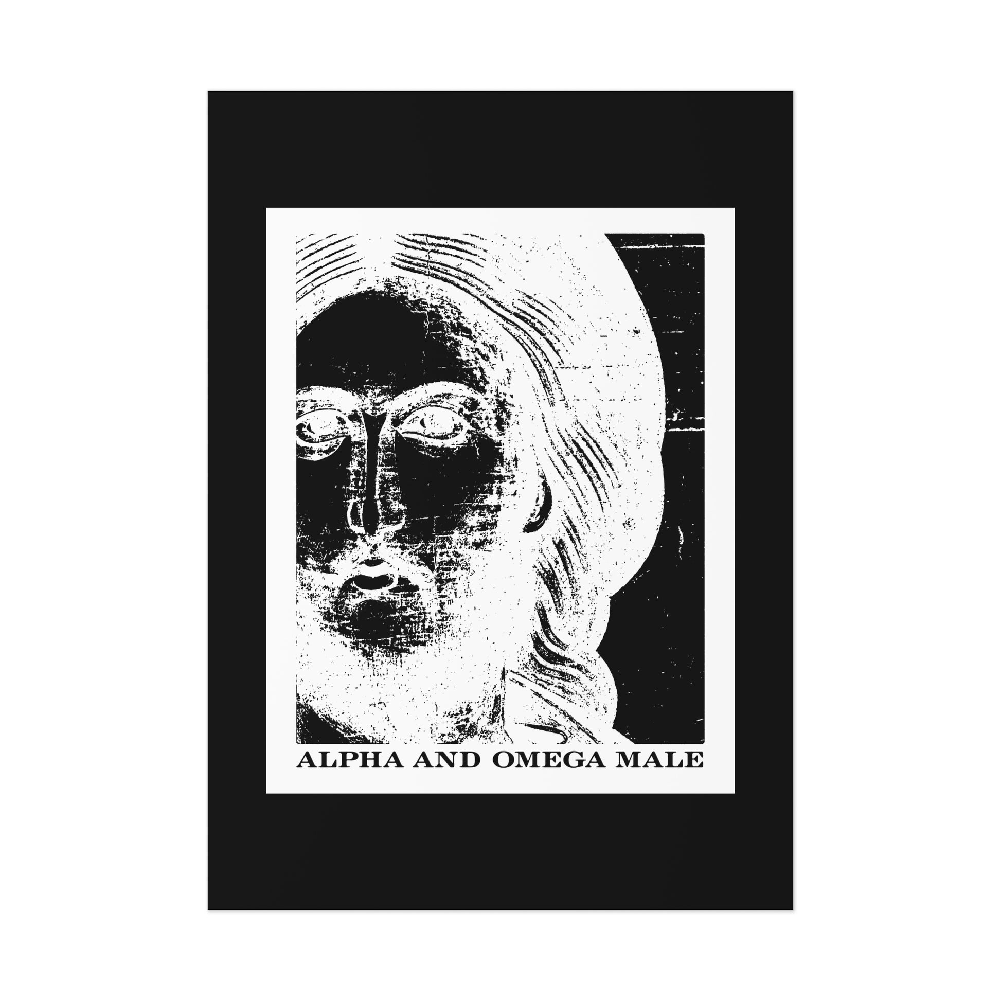 High-contrast, stylized Jesus with long hair and beard; “Alpha & Omega Male” text below. Alpha & Omega Male | Jesus Christ Icono-Graphic Photonegative | I am the Beginning & the End (Rev 22) Orthodox Christian Art Poster.