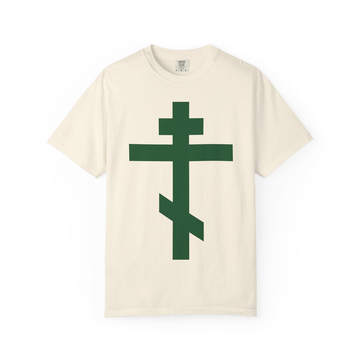 Ivory heavyweight cotton unisex tee featuring a large forest green Orthodox tribar cross graphic on the front, inspired by the Troparion of the Cross and bearing the phrases “Preserve Thy People By Thy Cross, O Lord” and “Christ is King,” displayed on a plain background.