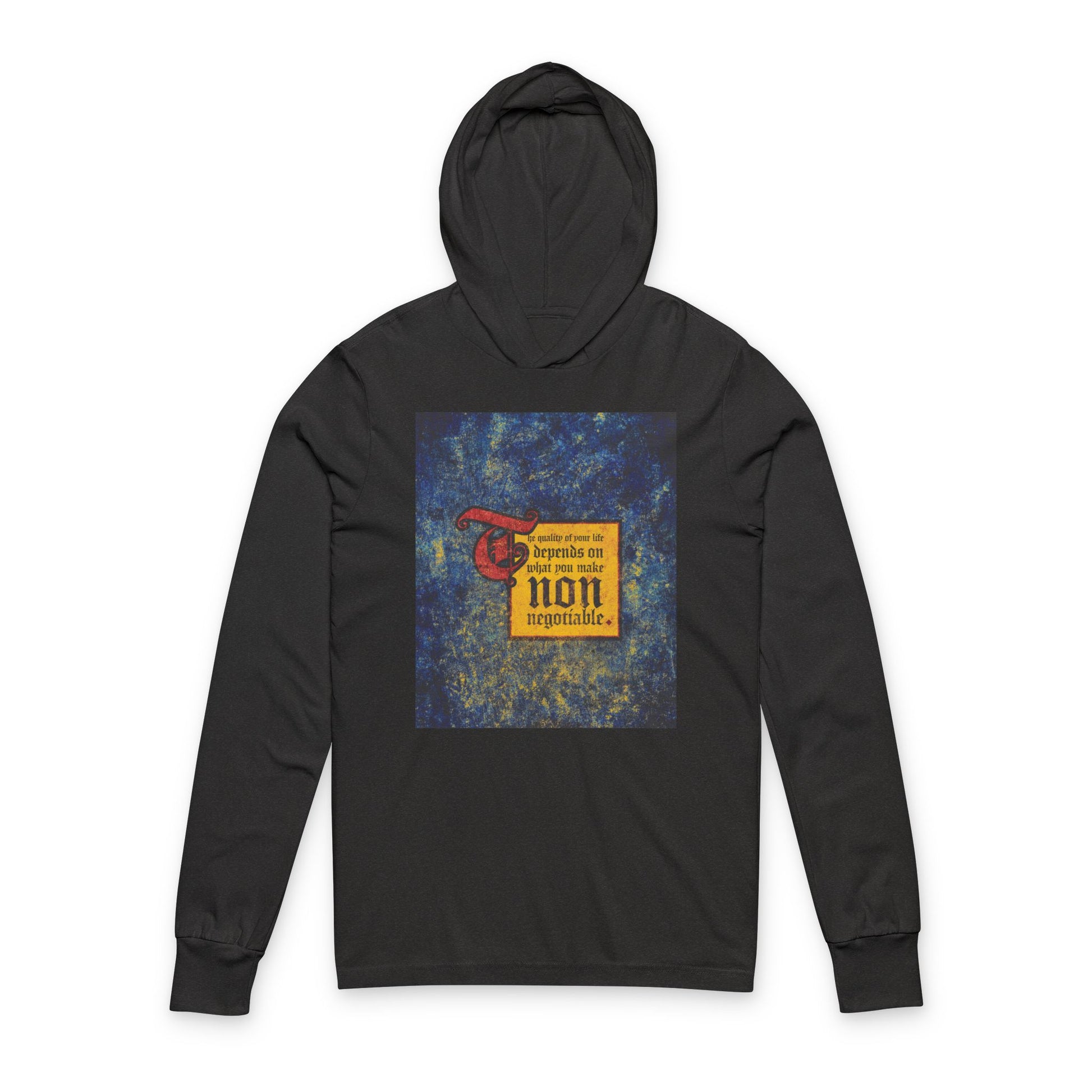 Charcoal Black TriBlend hooded shirt with bold blue and yellow graphic: "The quality of your life depends on what you make non-negotiable." A motivational, Orthodox Christian message for an uncompromising mindset.