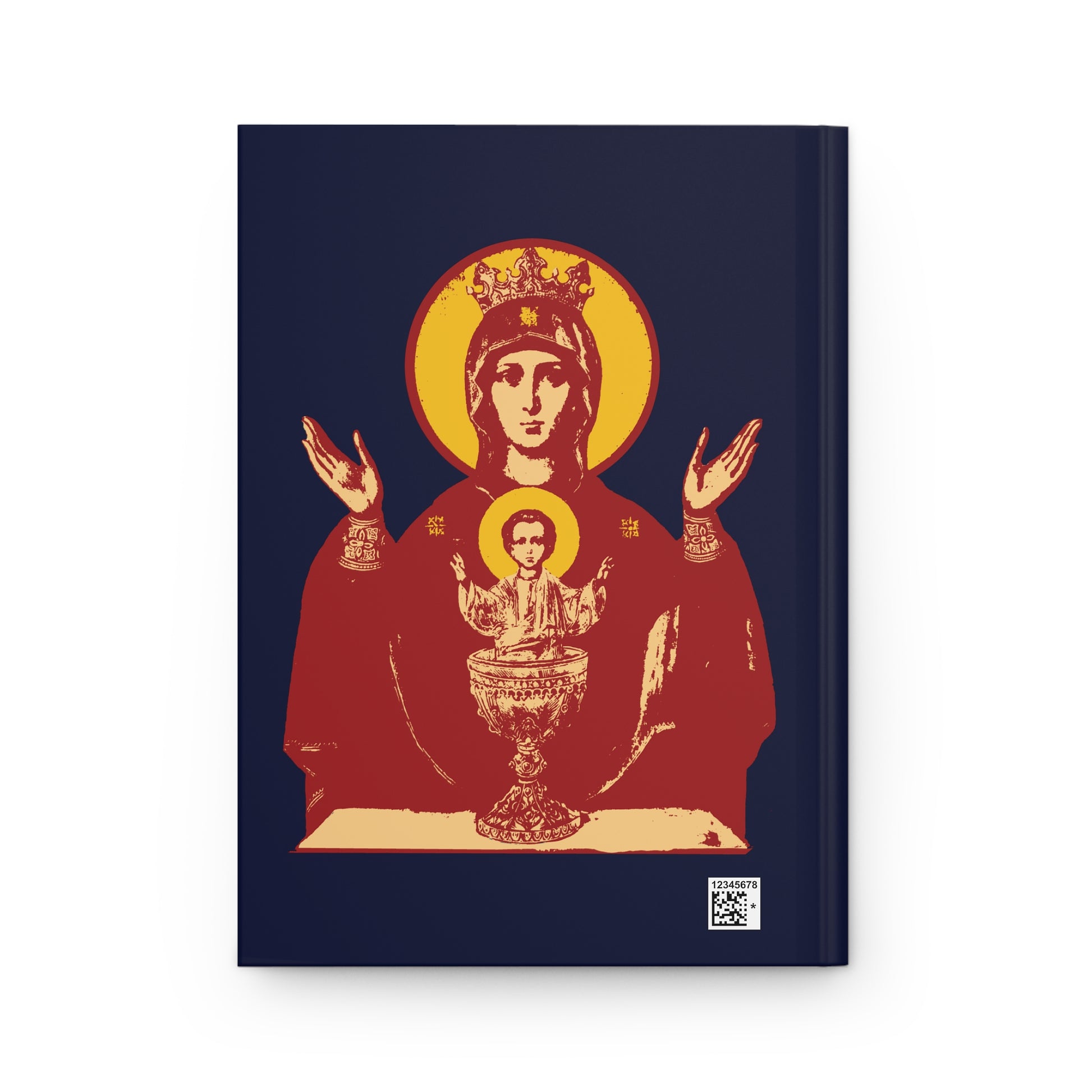 Illustration of Holy Theotokos crowned and haloed, holding her child, featured on the "Inexhaustible Chalice | Deliverer from Addictions" Orthodox Christian blank journal.