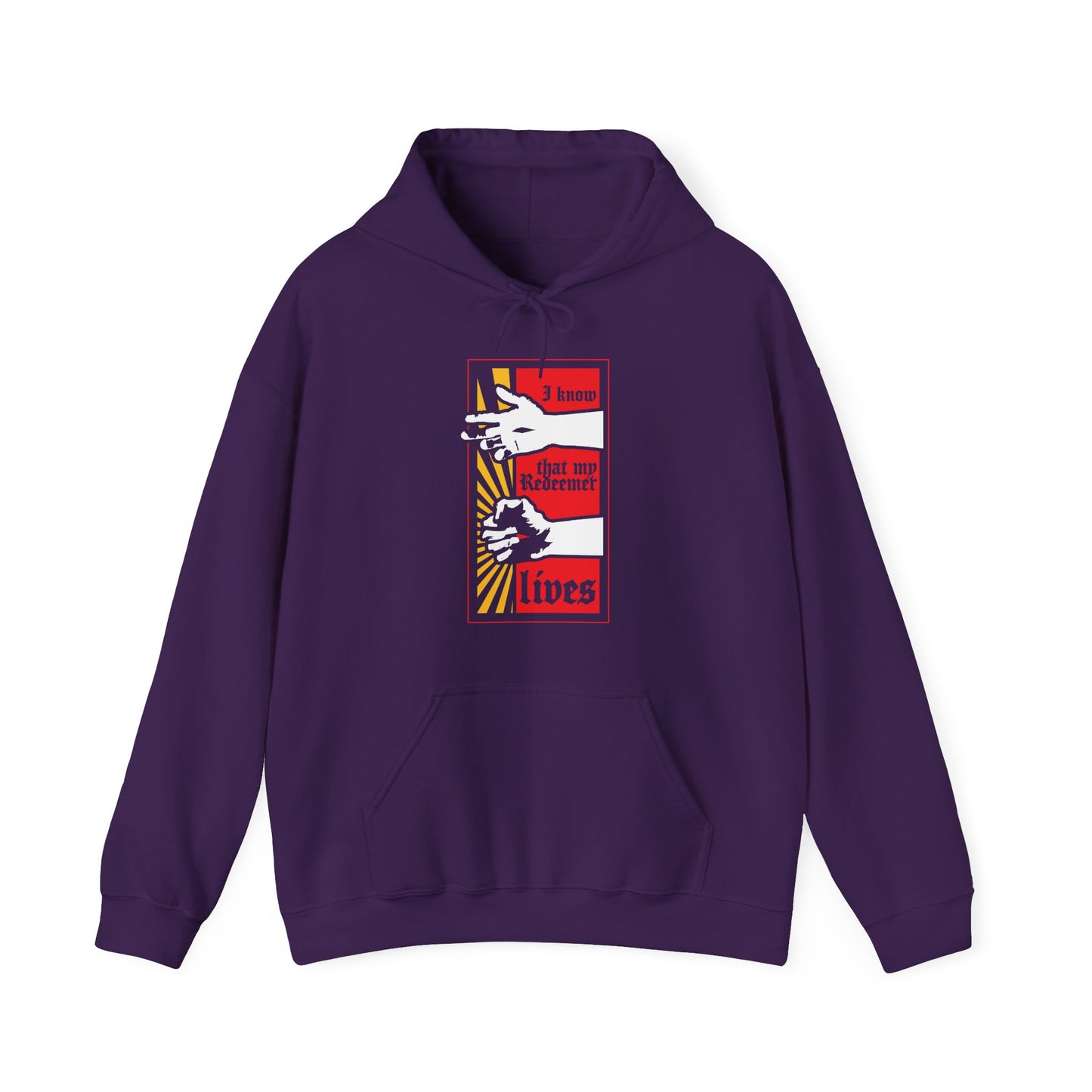Show your faith with this purple "I Know That My Redeemer Lives" hoodie, featuring a comic book style design of the resurrected Jesus’ fist radiating divine power—Orthodox Christian inspiration from Job 19:25.