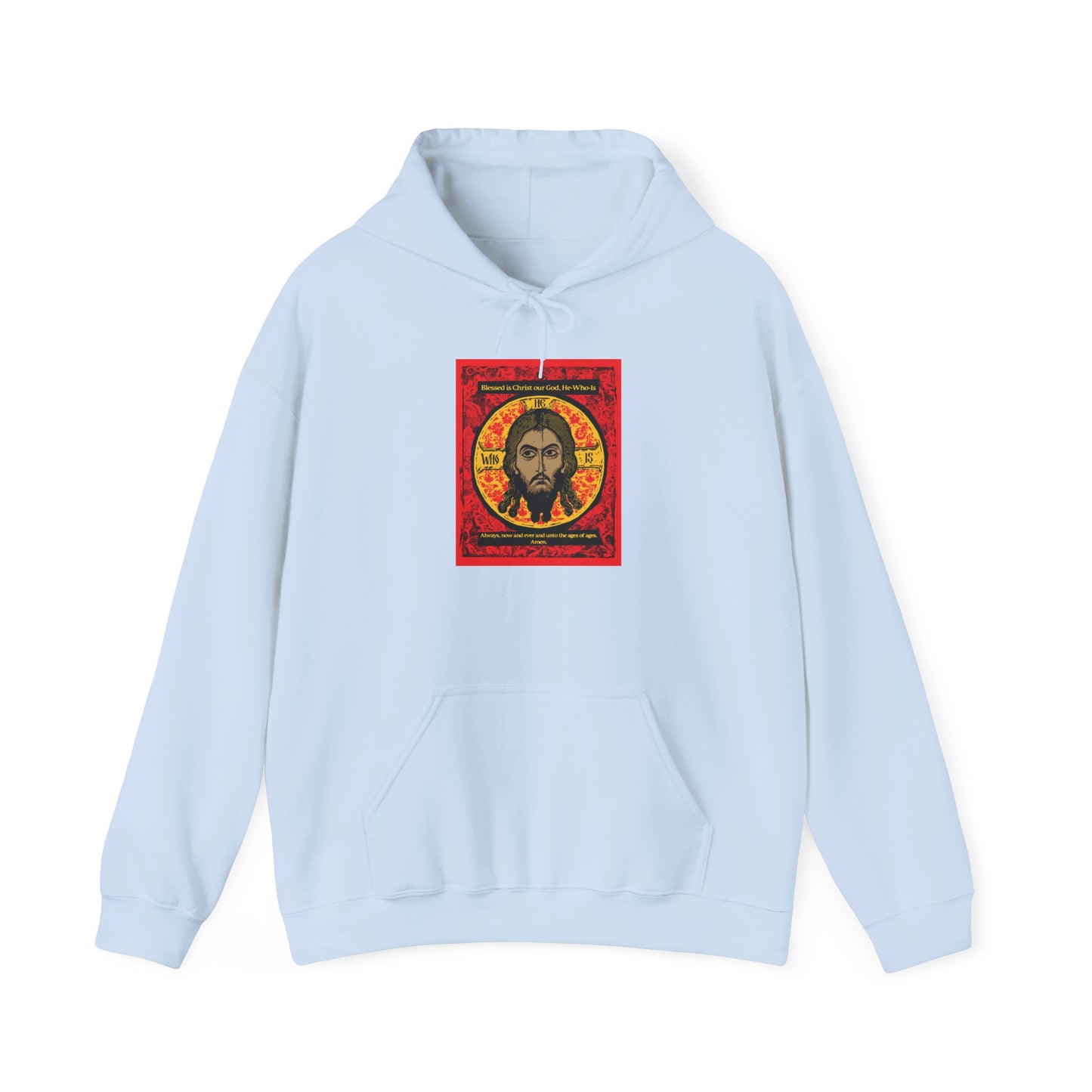 Light blue hoodie featuring a striking red, black, and yellow graphic design of the Mandylion (Image of Edessa)—a traditional Orthodox Christian depiction of Jesus Christ—at the center front.