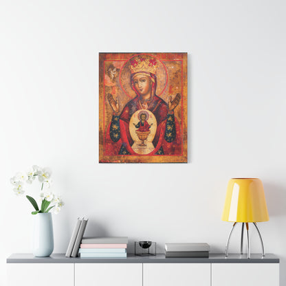 The “Mother of God of Nicaea Russian Orthodox Christian Icon | Panagia | Theotokos Mary | Religious Canvas Sacred Wall Art” is displayed on a white wall above a console table styled as a Holy Table, adorned with books, flowers, and a yellow lamp.