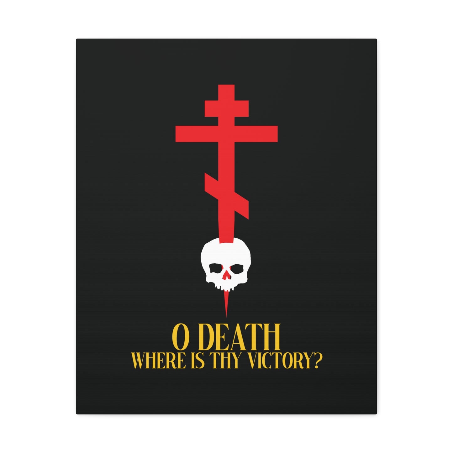 O Death Where is Thy Victory? (1 Corinthians 15:55) | Cross Stabbing Skull | Yellow Text | Orthodox Christian Canvas Art