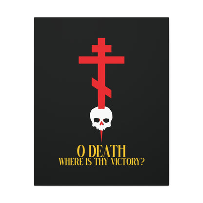 O Death Where is Thy Victory? (1 Corinthians 15:55) | Cross Stabbing Skull | Yellow Text | Orthodox Christian Canvas Art