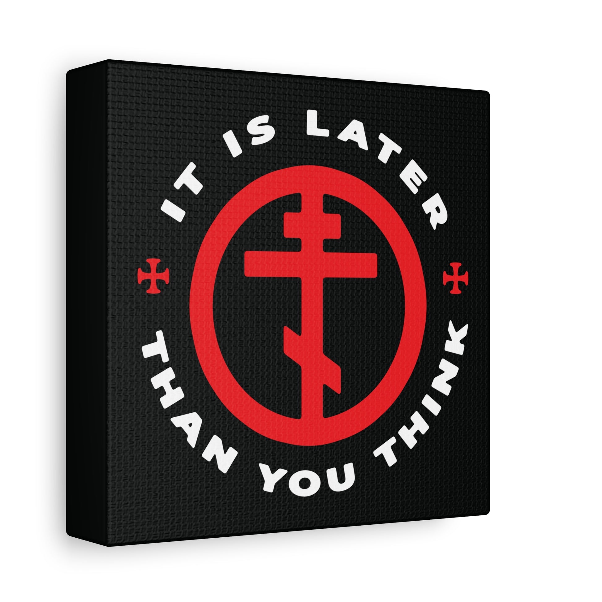 Featuring an Orthodox cross in a circle, this bold black canvas reads “It is later than you think”—a memento mori inspired by Fr. Seraphim Rose, urging you to cast off darkness and put on the armour of light. Christian wall art for reflection.
