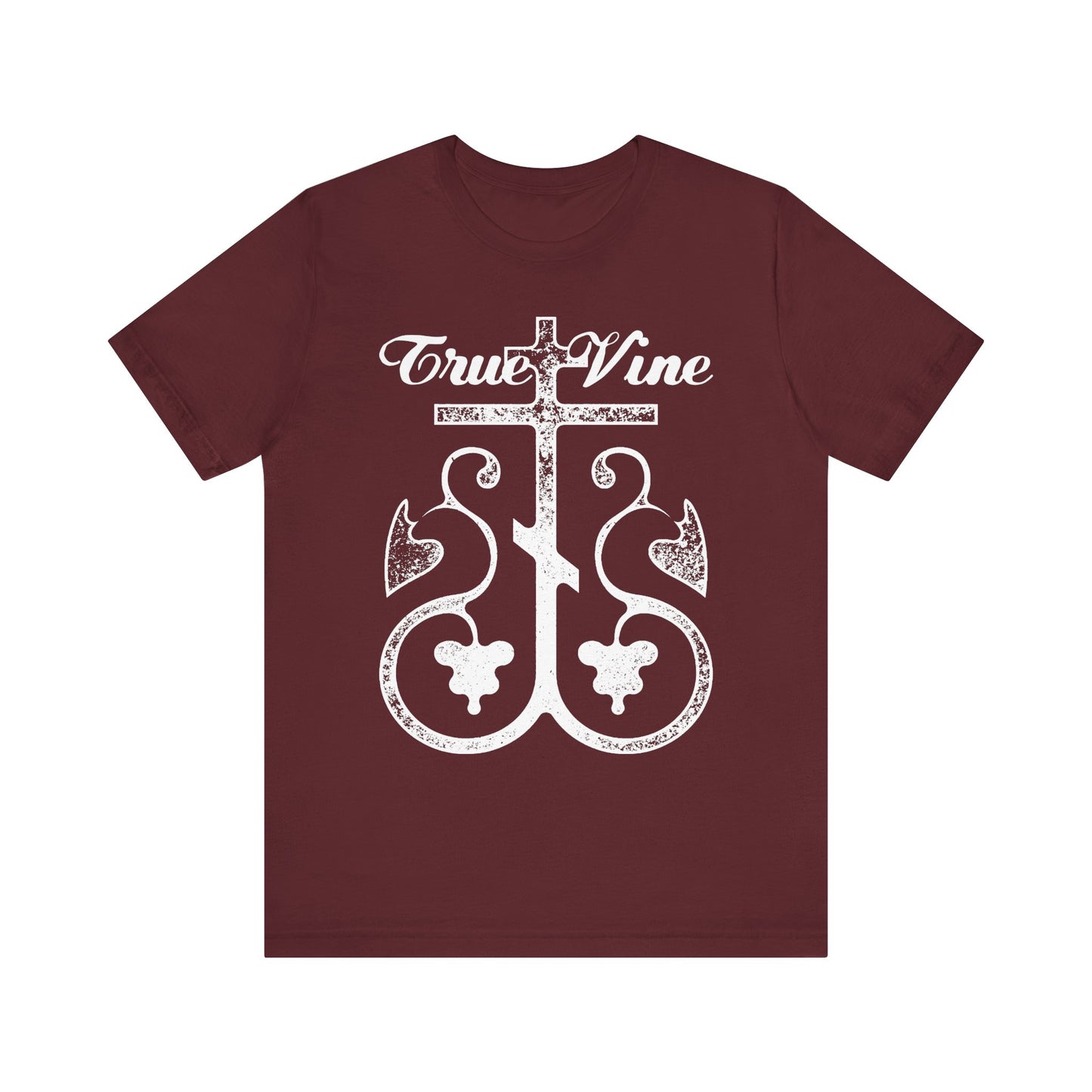 Maroon "I Am the True Vine" t-shirt features a white Orthodox cross and grape vine graphic (John 15, Ezekiel 15), photocopy effect, on lightweight cotton.
