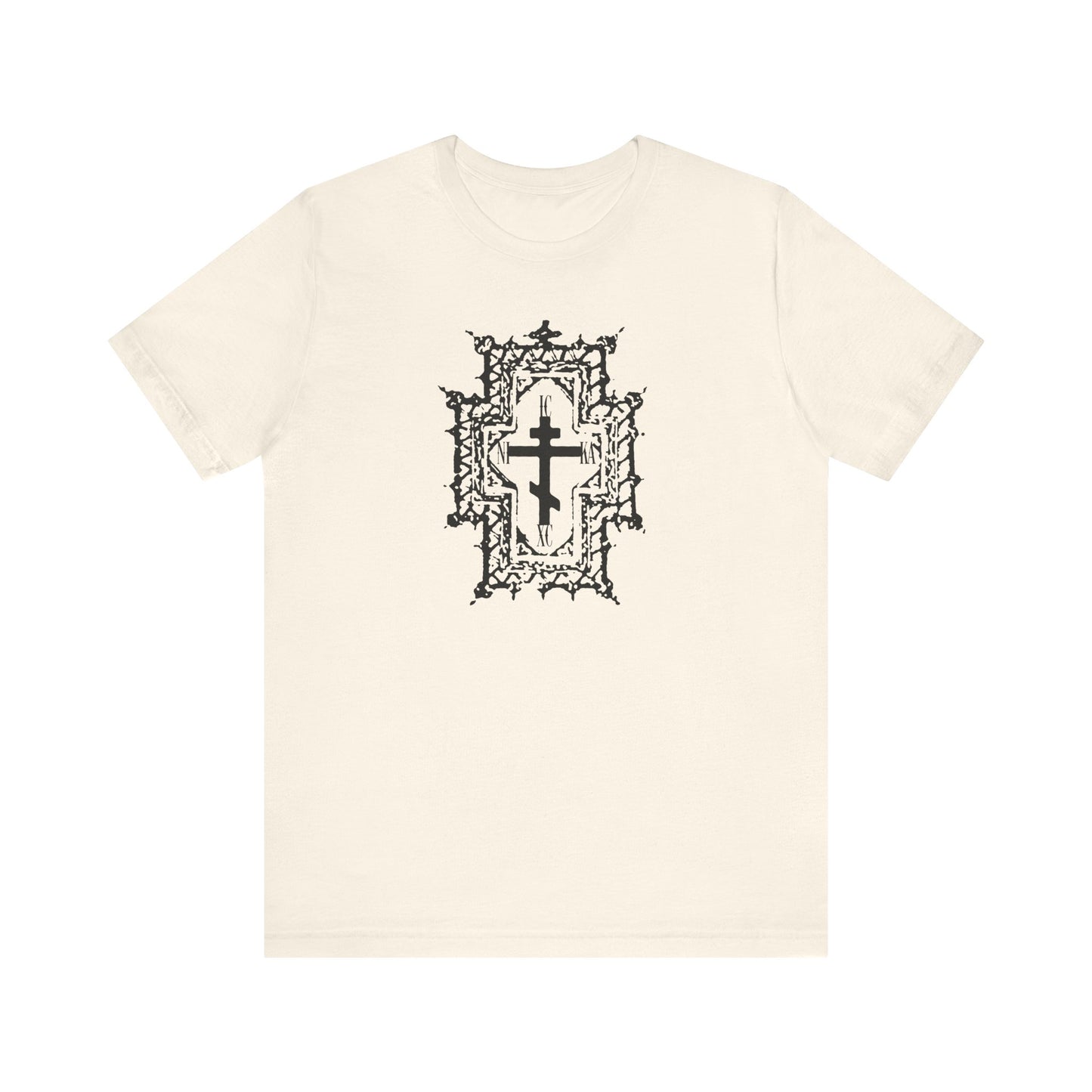 Natural cotton unisex tee featuring a Gothic cathedral style Orthodox cross with crown of thorns, symbolizing Jesus’ sufferings; "ICXC NIKA | Jesus Christ Conquers | Healed By His Wounds" design.