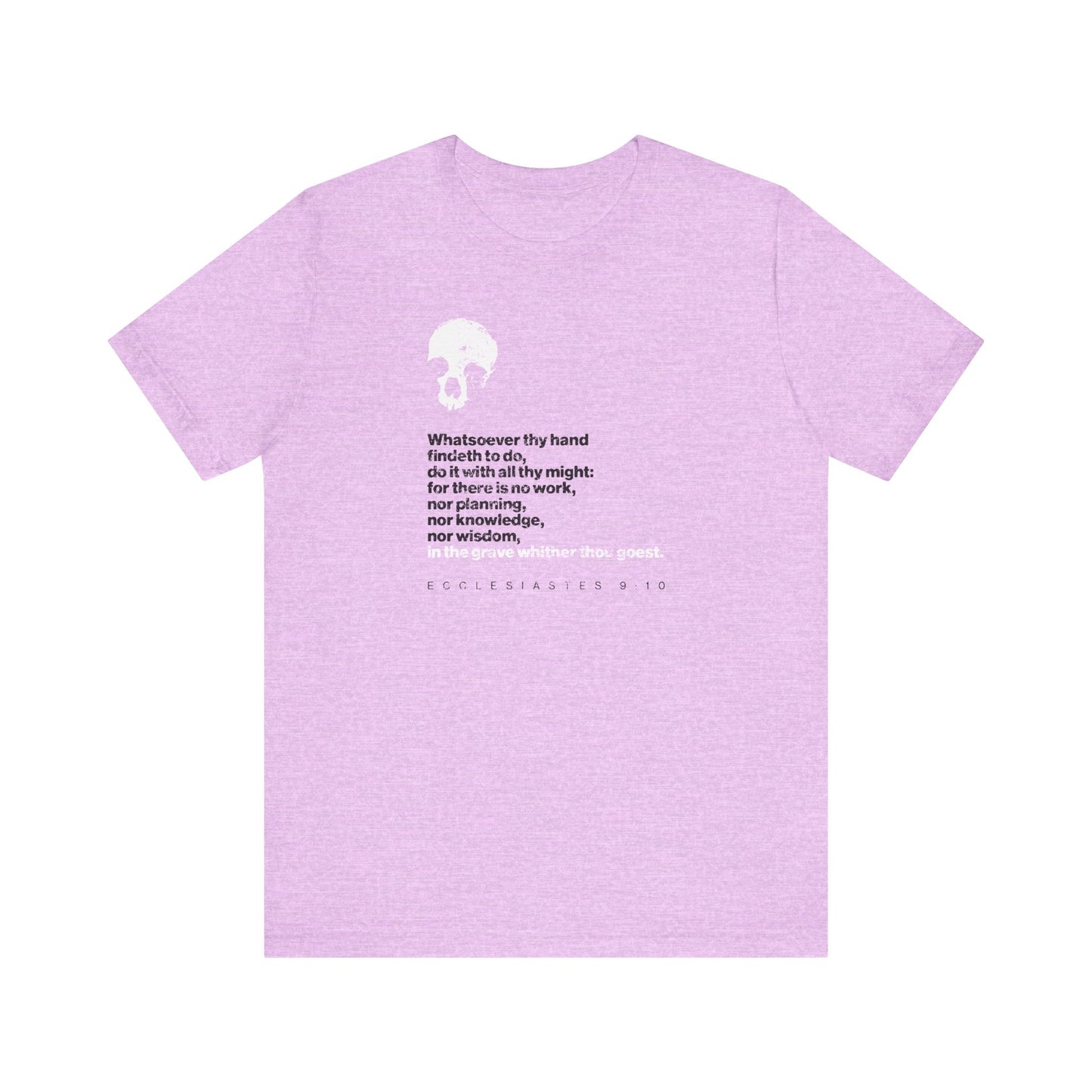Heather Prism Lilac unisex Christian lightweight cotton t-shirt featuring a white graphic and the inspiring Bible verse Ecclesiastes 9:10—"Whatsoever thy hand findeth to do, do it with all thy might"—on the front, reminding you to seize each moment with timeless wisdom.
