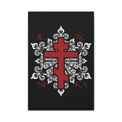 ICXC / NIKA Red Orthodox Cross on Ornate White Medieval Floral Design | Exclusive Best-Selling | Orthodox Christian Canvas Art