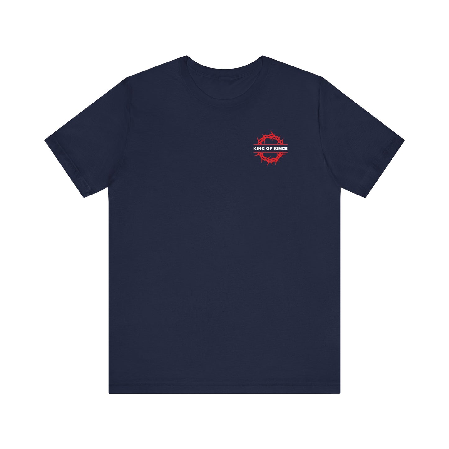 Introducing our "King of Kings Crown of Thorns" lightweight cotton unisex t-shirt in navy, featuring a small red crown of thorns and "KING OF KINGS" text on the upper left chest. Inspired by Revelation 19:16, this design proclaims Christ as King of Glory.
